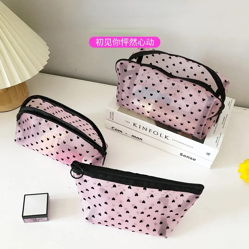 Nylon Mesh Cosmetic Bag Zipper Heart Shaped Toiletry Organizer Makeup Bags Multifunctional Women Lipstick Key Coin Purse Pouch