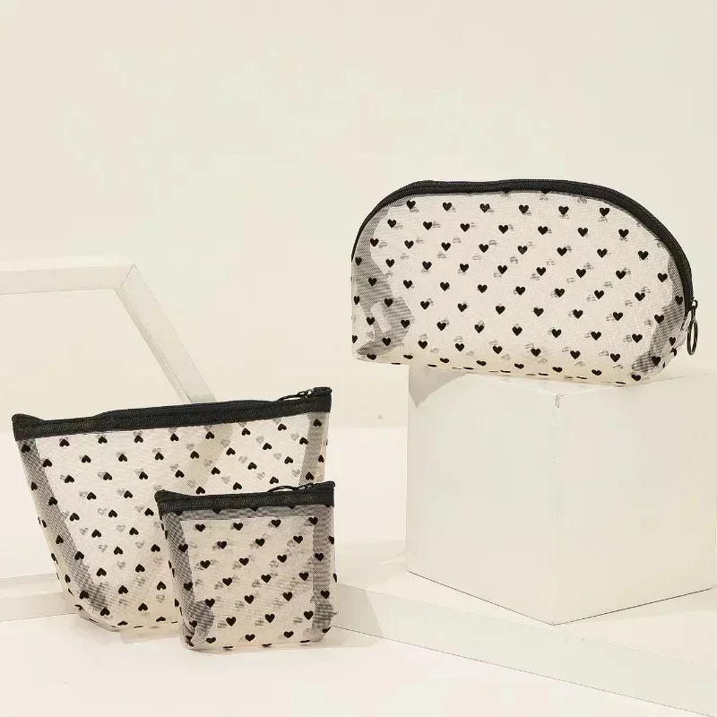 Nylon Mesh Cosmetic Bag Zipper Heart Shaped Toiletry Organizer Makeup Bags Multifunctional Women Lipstick Key Coin Purse Pouch