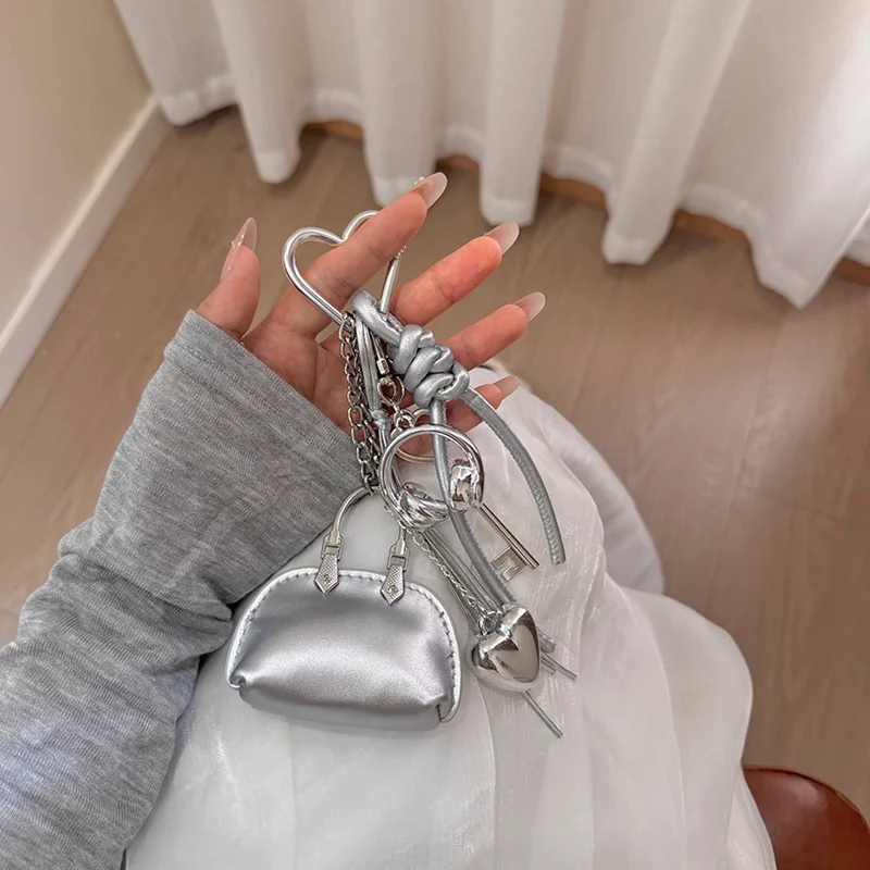 Mini Exquisite Bag Pendant Chain Shell Bag Keychain PU Leather Silver Bag Decor Creative DIY Women Bags Accessories