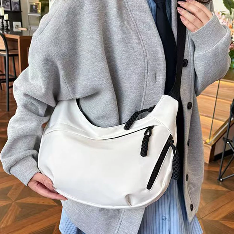 Casual Women's Nylon Crossbody Bag, Large Capacity Hobo Shoulder Purse with Adjustable Strap, Black/White/Khaki for Daily Use