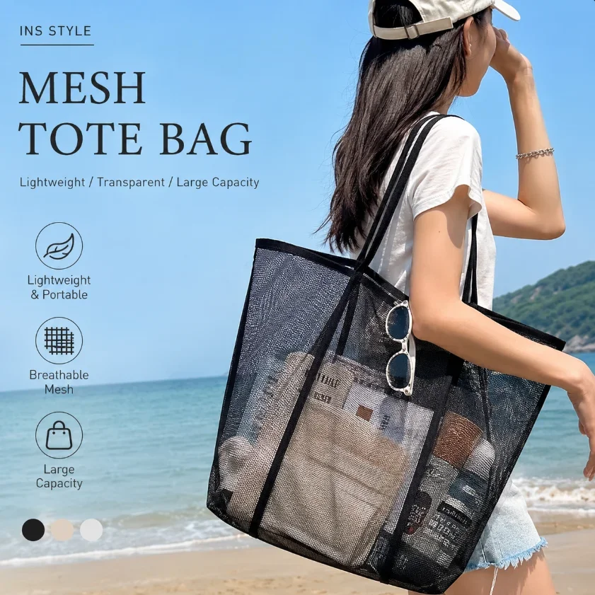 Large Mesh Beach Tote Bag Lightweight Breathable Shoulder Bag For Pool Travel Towels Toys Shopping