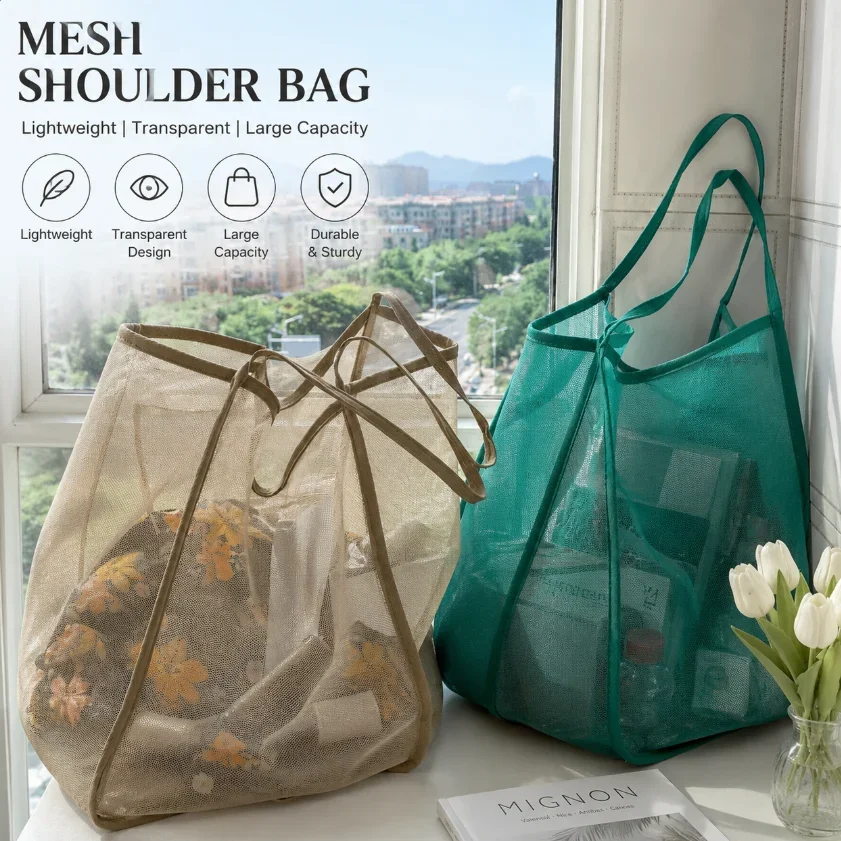Large Mesh Beach Tote Bag Lightweight Breathable Shoulder Bag For Pool Travel Towels Toys Shopping