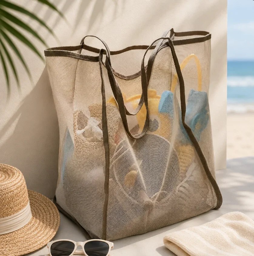 Large Mesh Beach Tote Bag Lightweight Breathable Shoulder Bag For Pool Travel Towels Toys Shopping