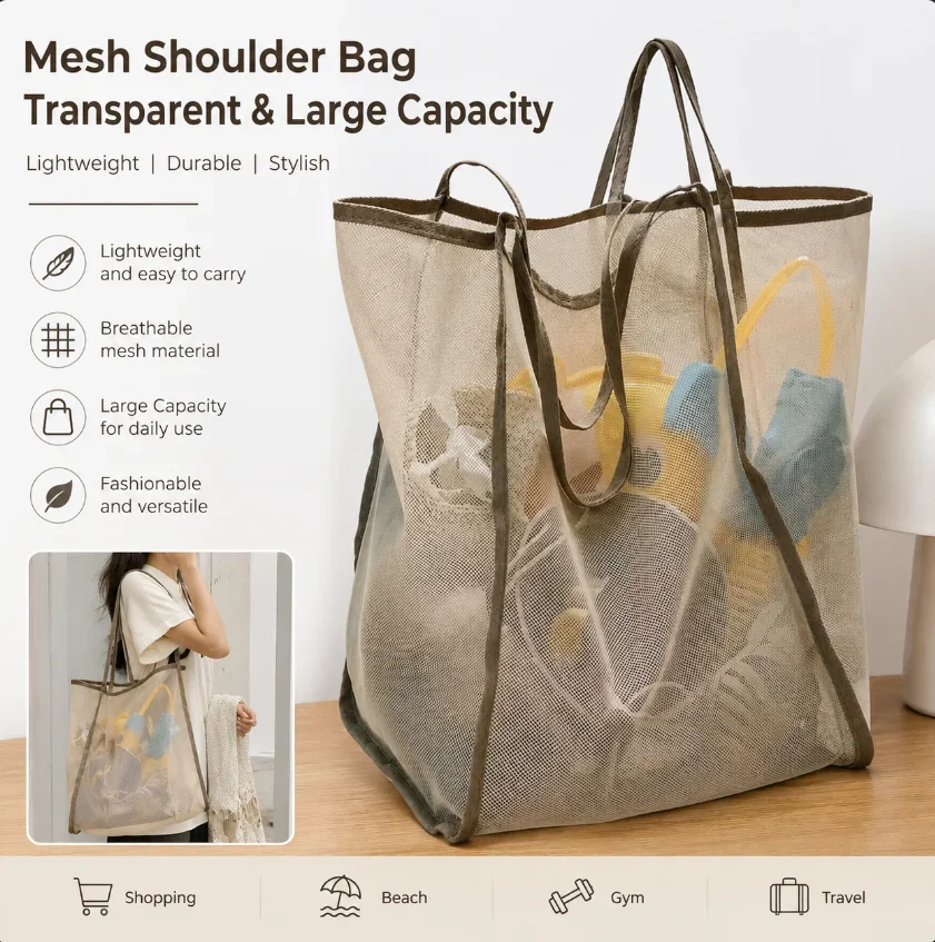 Large Mesh Beach Tote Bag Lightweight Breathable Shoulder Bag For Pool Travel Towels Toys Shopping