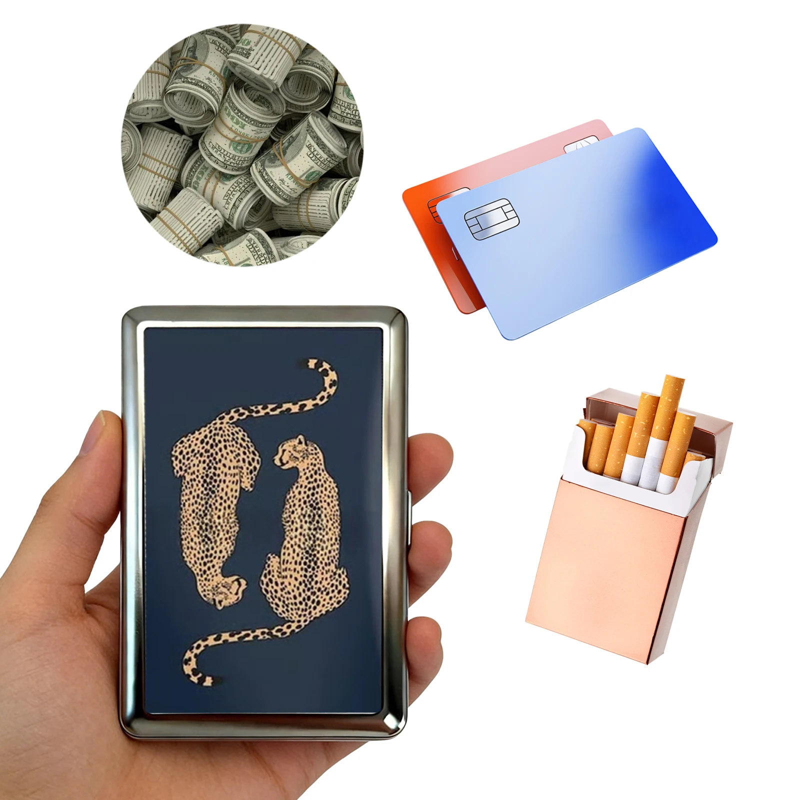 Versatile Metal Cigarette Case with Easy Snap Art Deco Illustration Armored Wallet Credit Card Case Gift for Him & Her