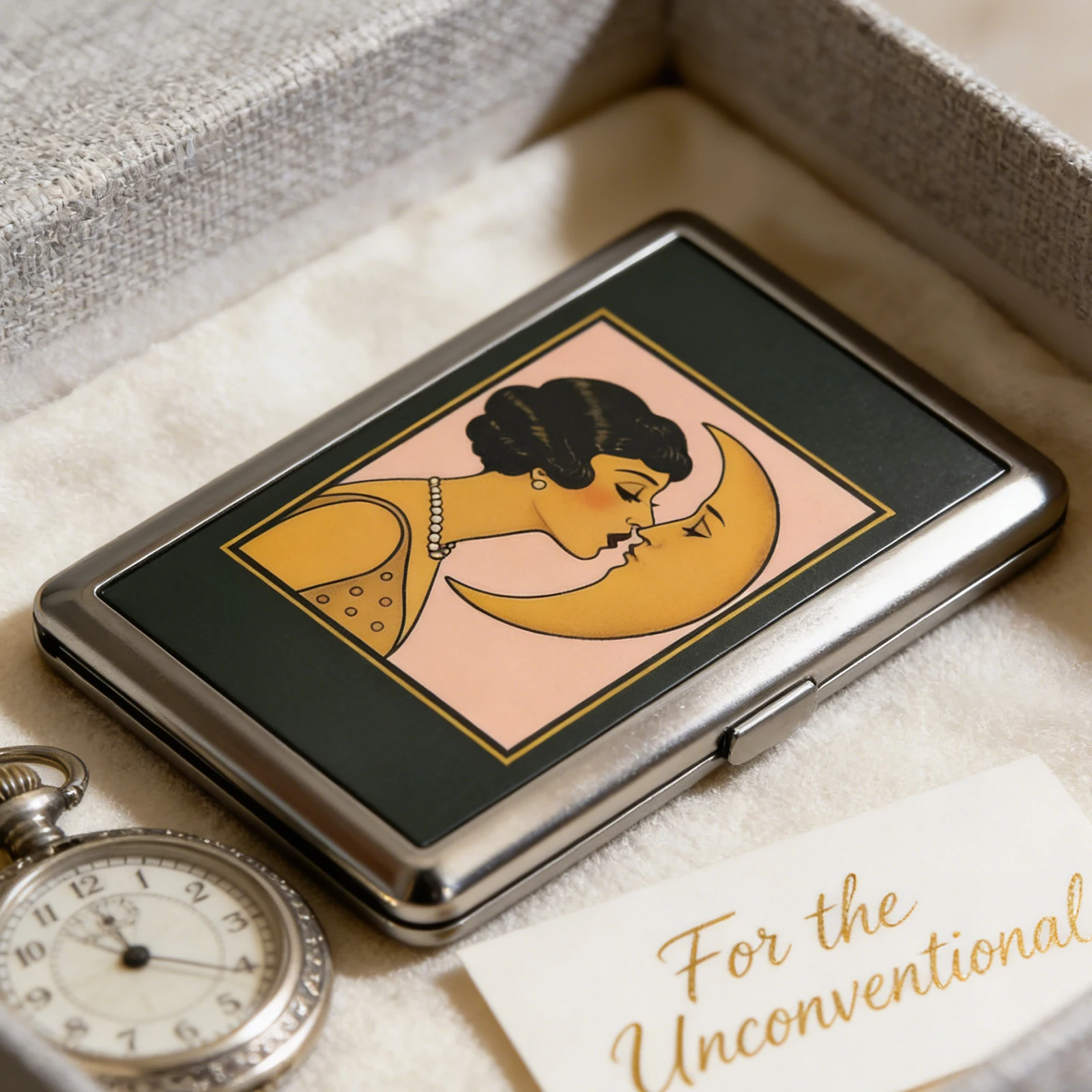 Versatile Metal Cigarette Case with Easy Snap Art Deco Illustration Armored Wallet Credit Card Case Gift for Him & Her