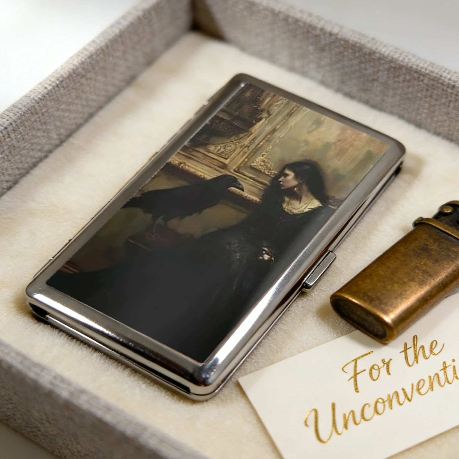 Versatile Metal Cigarette Case with Easy Snap Art Deco Illustration Armored Wallet Credit Card Case Gift for Him & Her