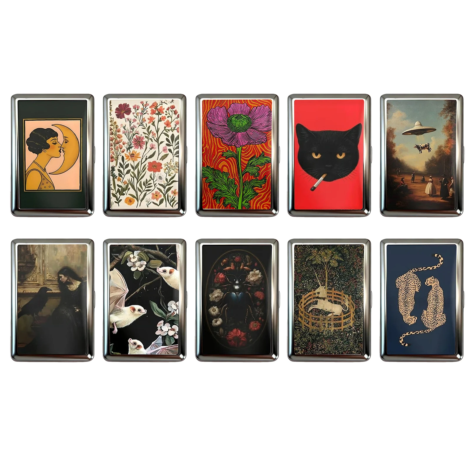 Versatile Metal Cigarette Case with Easy Snap Art Deco Illustration Armored Wallet Credit Card Case Gift for Him & Her