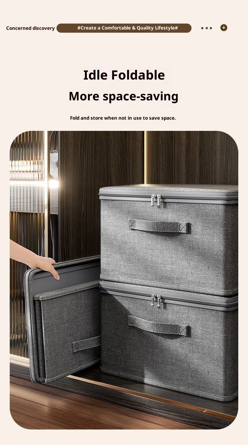 Premium Linen Like Fabric Storage Box Foldable Wardrobe Organizer with Sturdy Board Support Large Zipper Bin for Clothes Sweater