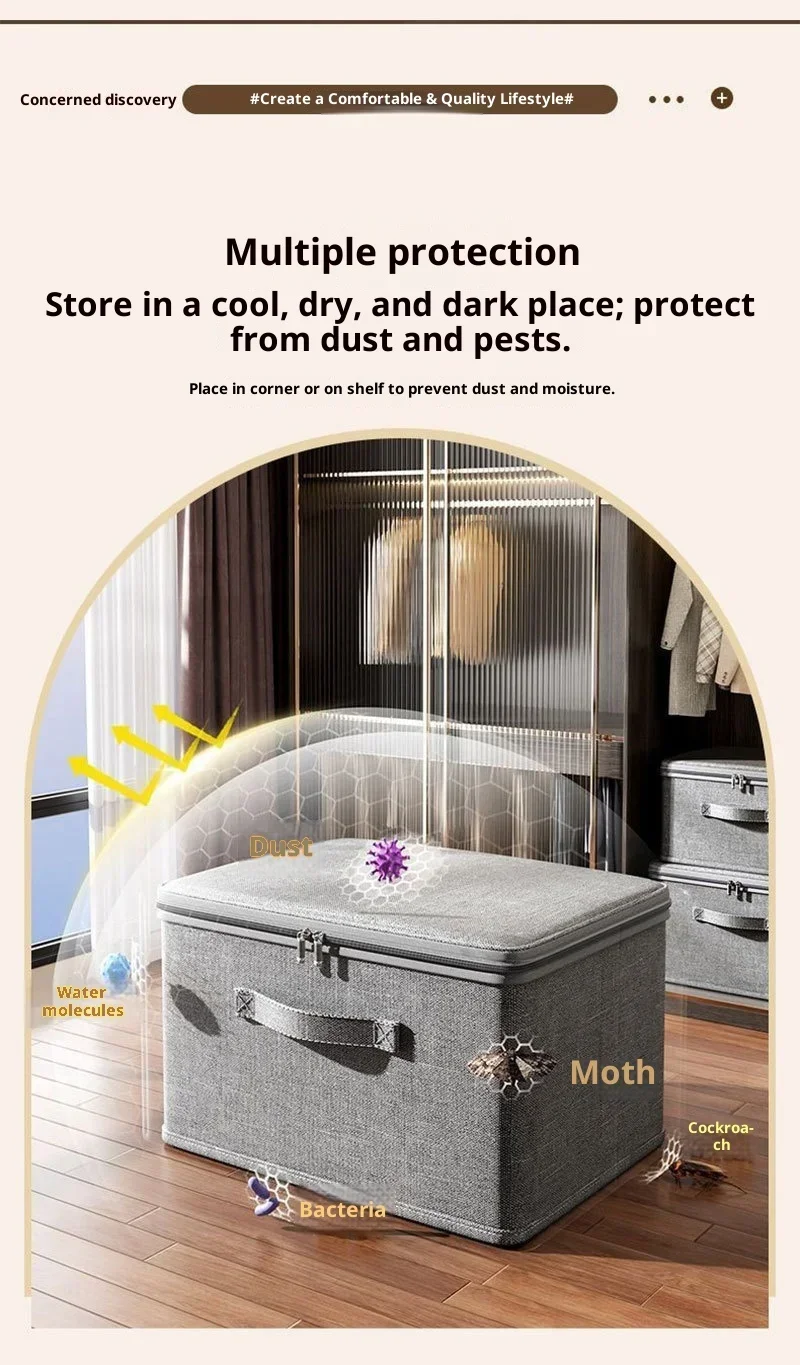 Premium Linen Like Fabric Storage Box Foldable Wardrobe Organizer with Sturdy Board Support Large Zipper Bin for Clothes Sweater