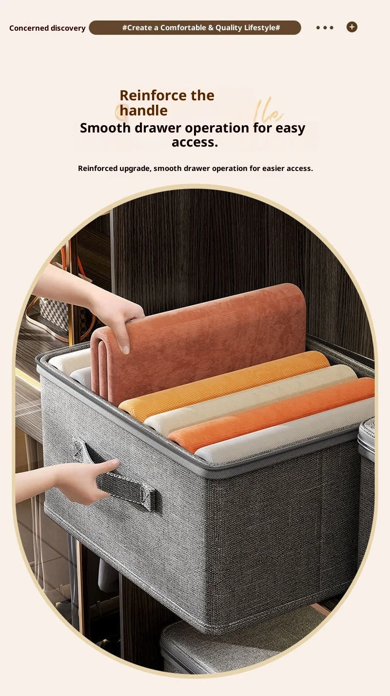 Premium Linen Like Fabric Storage Box Foldable Wardrobe Organizer with Sturdy Board Support Large Zipper Bin for Clothes Sweater