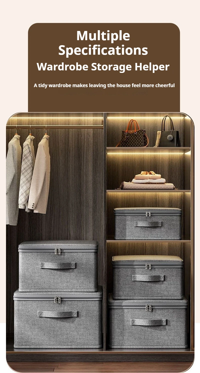 Premium Linen Like Fabric Storage Box Foldable Wardrobe Organizer with Sturdy Board Support Large Zipper Bin for Clothes Sweater