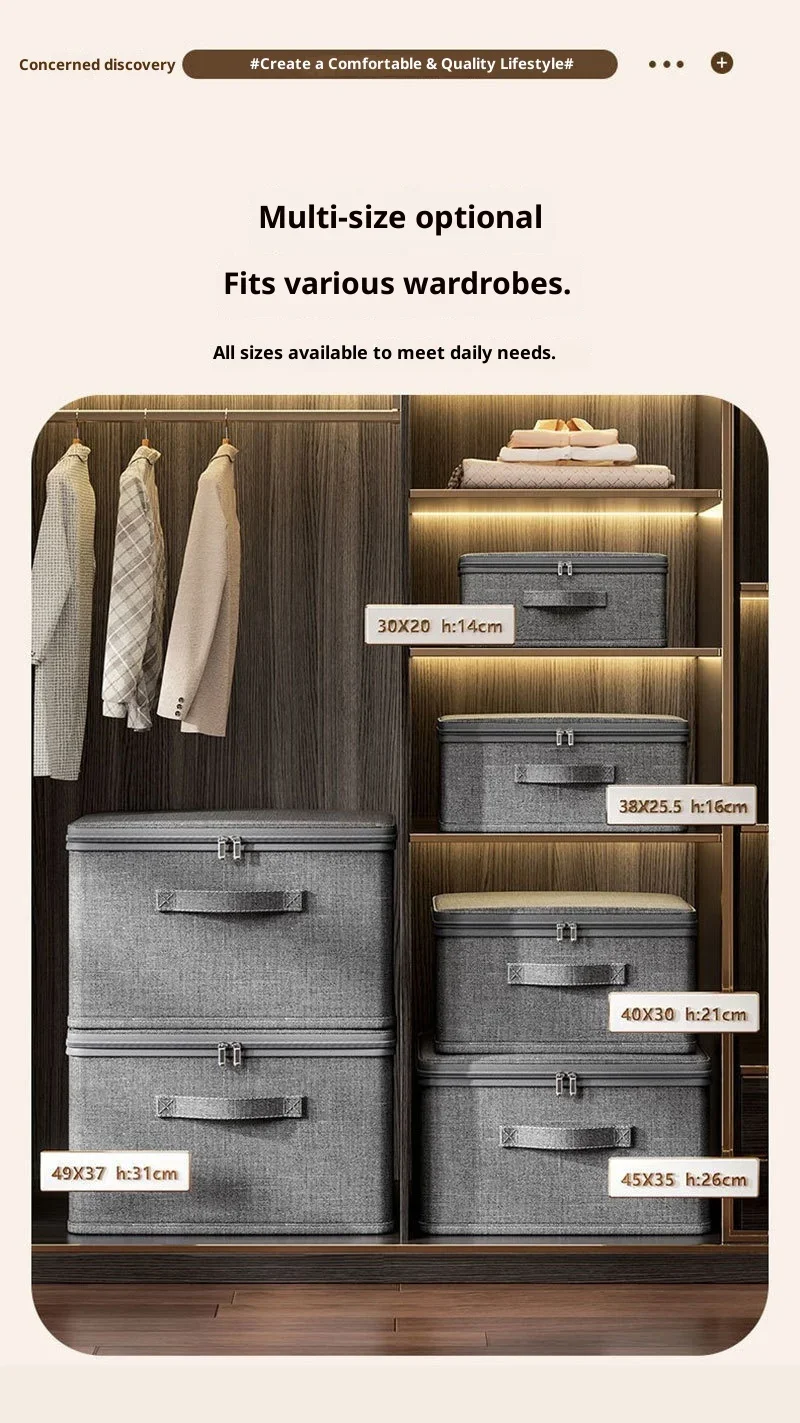 Premium Linen Like Fabric Storage Box Foldable Wardrobe Organizer with Sturdy Board Support Large Zipper Bin for Clothes Sweater