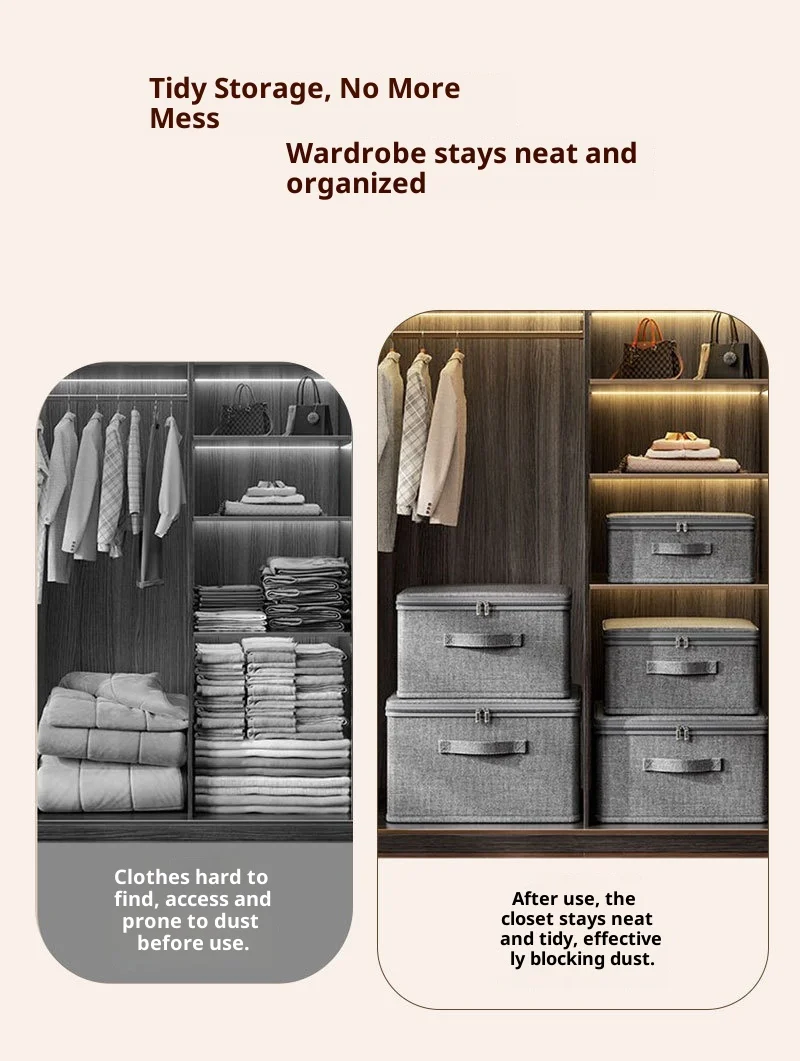 Premium Linen Like Fabric Storage Box Foldable Wardrobe Organizer with Sturdy Board Support Large Zipper Bin for Clothes Sweater