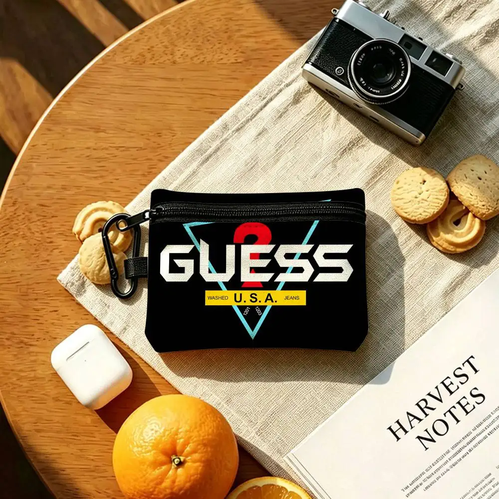 Blak G-Guess-s Logo Lightweight Oxford Fabric Coin Purse Carabiner Hook Design Mini Card Key Organizer Bag