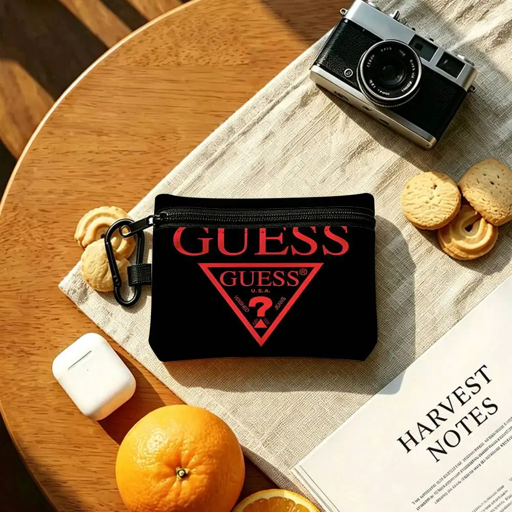 Blak G-Guess-s Logo Lightweight Oxford Fabric Coin Purse Carabiner Hook Design Mini Card Key Organizer Bag