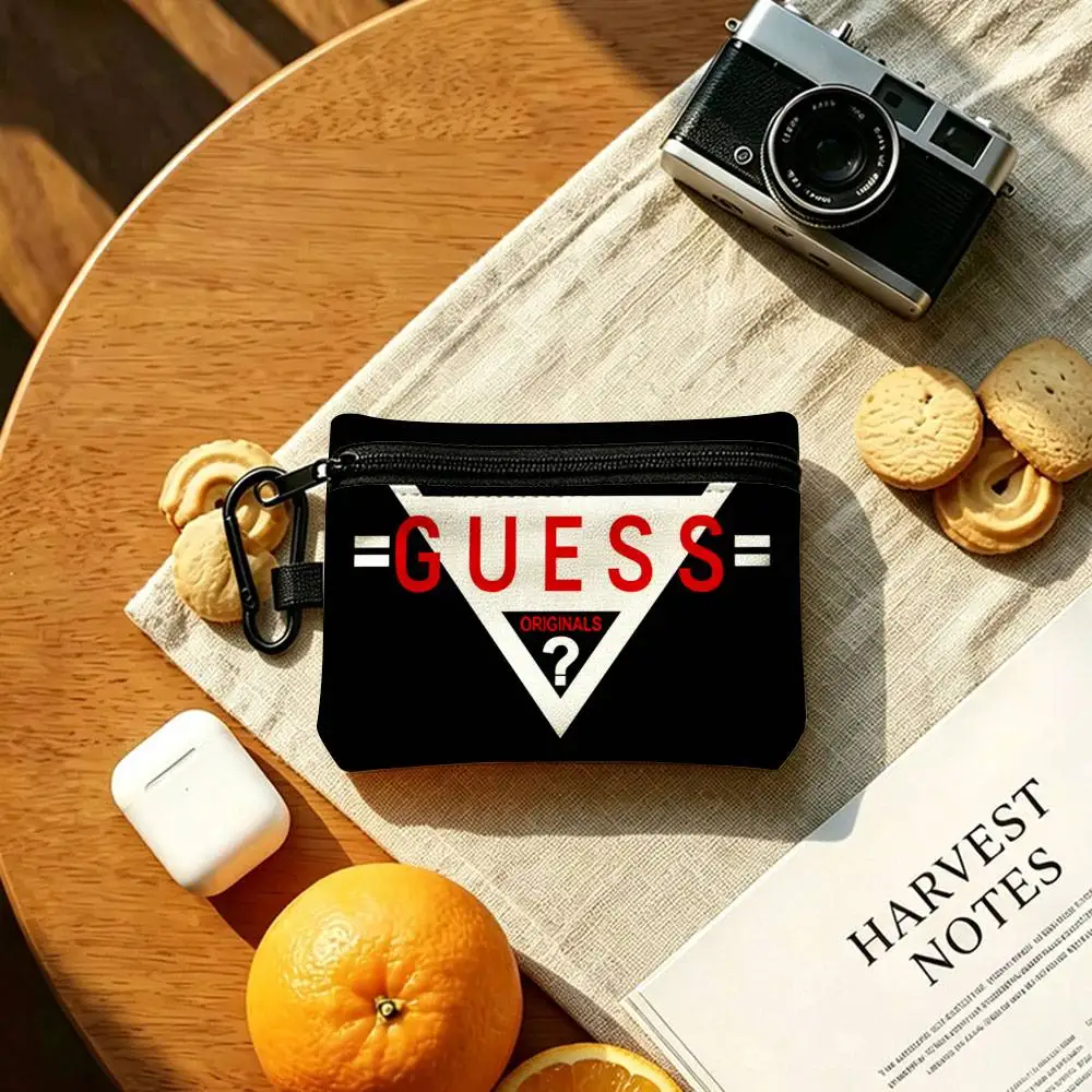 Blak G-Guess-s Logo Lightweight Oxford Fabric Coin Purse Carabiner Hook Design Mini Card Key Organizer Bag