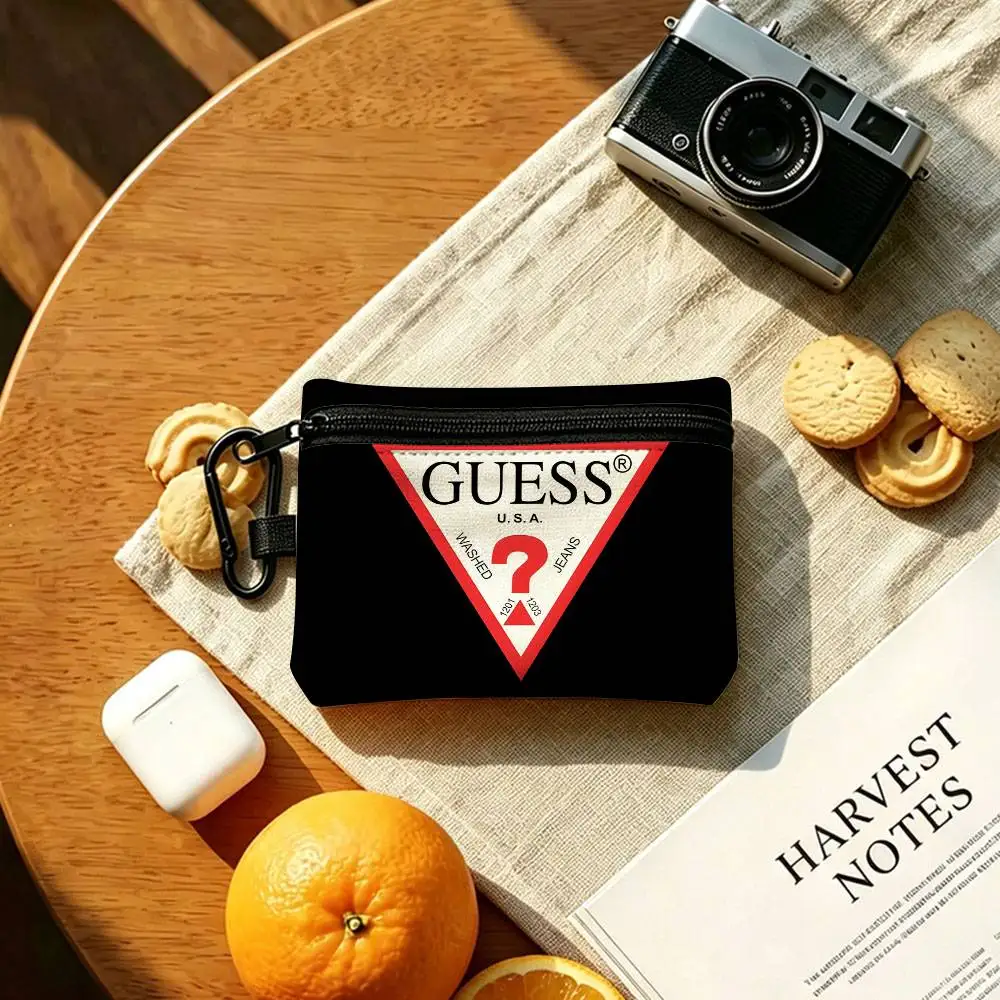 Blak G-Guess-s Logo Lightweight Oxford Fabric Coin Purse Carabiner Hook Design Mini Card Key Organizer Bag