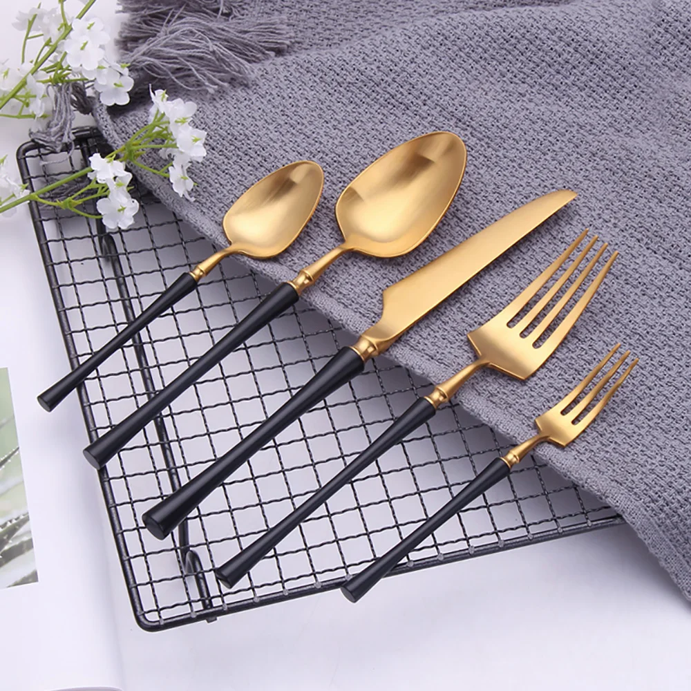 5 Pieces Knife Fork Spoon Set Gold Cutlery Complete Stainless Steel Tableware Matte Black Dinnerware Sliver Kitchen Utensils