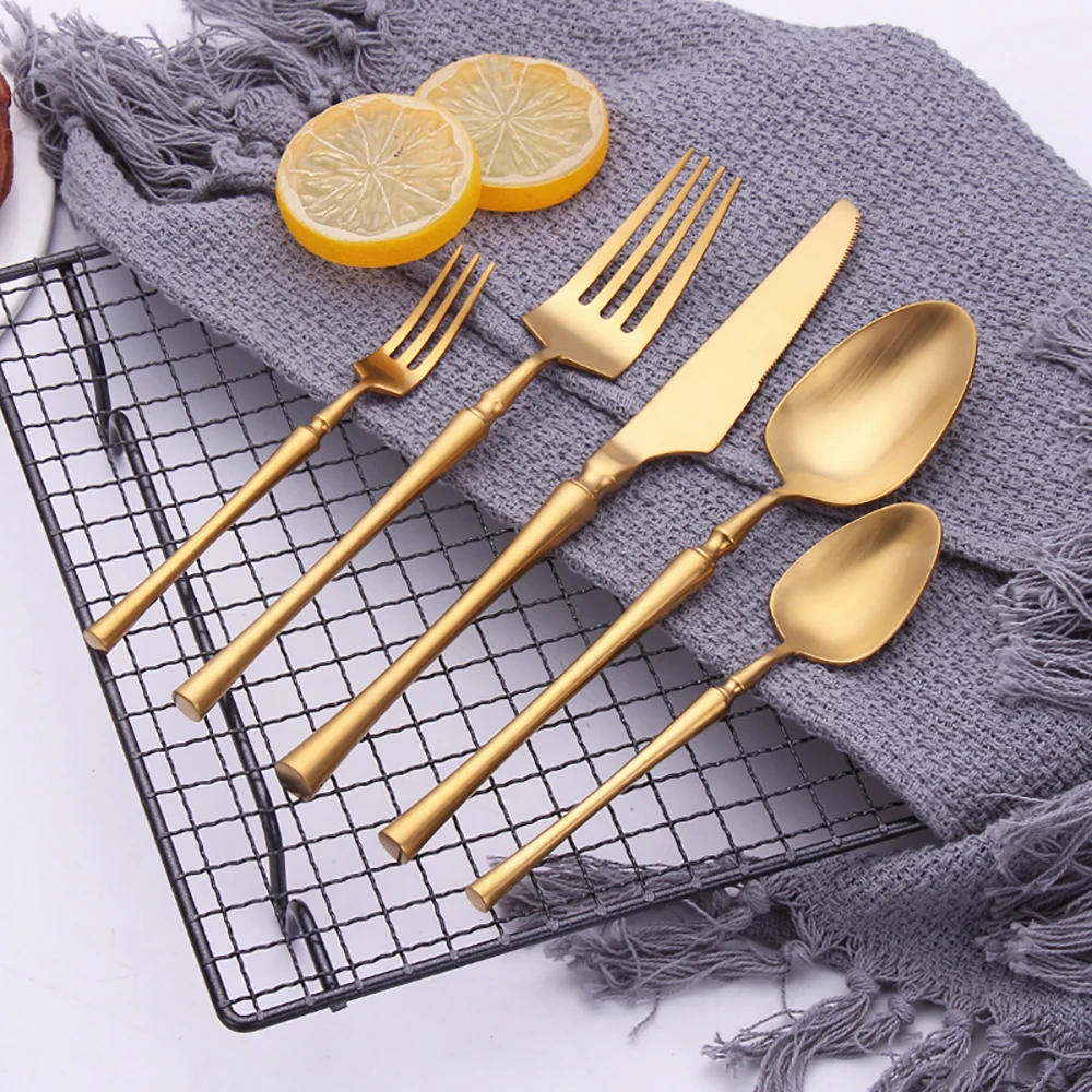 5 Pieces Knife Fork Spoon Set Gold Cutlery Complete Stainless Steel Tableware Matte Black Dinnerware Sliver Kitchen Utensils