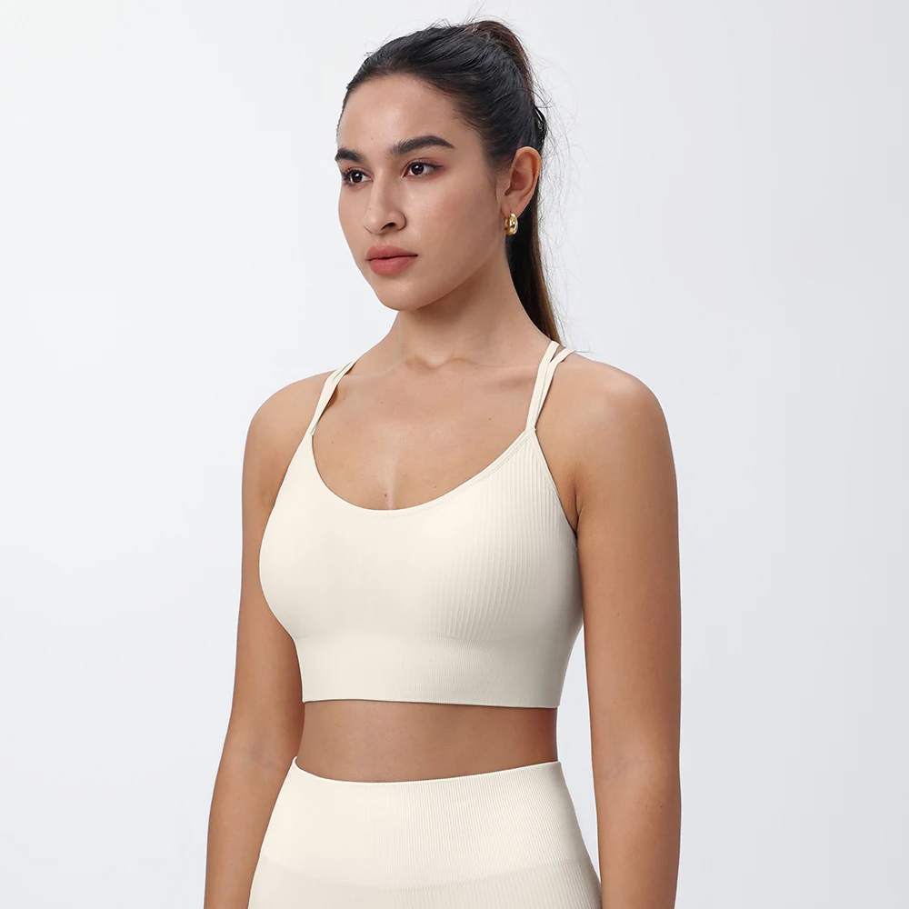 Strappy Tank Yoga Sports Vest With Chest Pad Ribbed High Elastic Women Sports Yoga Bras