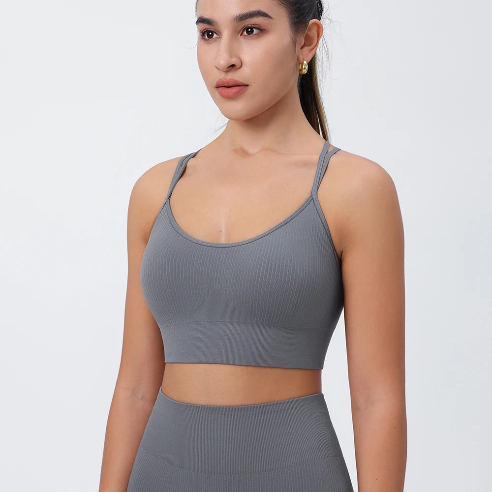 Strappy Tank Yoga Sports Vest With Chest Pad Ribbed High Elastic Women Sports Yoga Bras