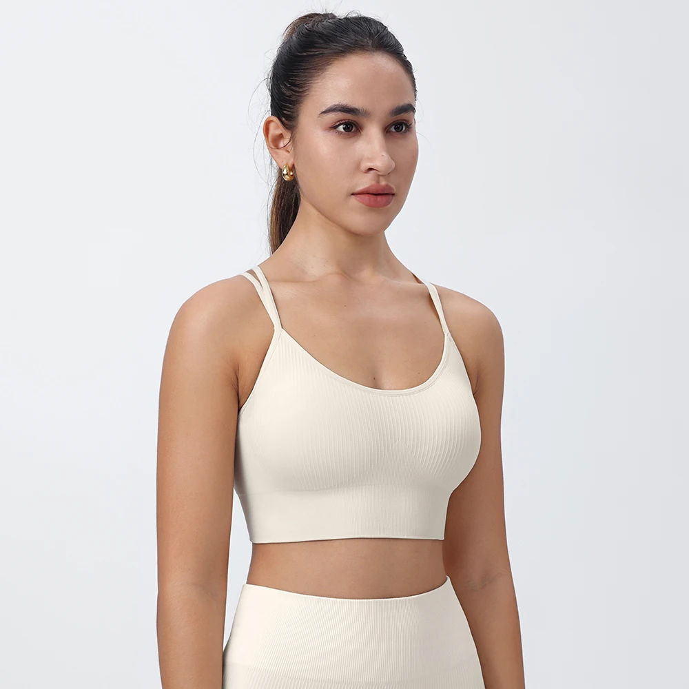 Strappy Tank Yoga Sports Vest With Chest Pad Ribbed High Elastic Women Sports Yoga Bras