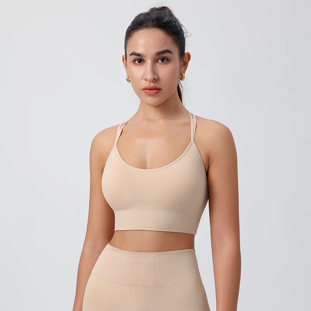 Strappy Tank Yoga Sports Vest With Chest Pad Ribbed High Elastic Women Sports Yoga Bras
