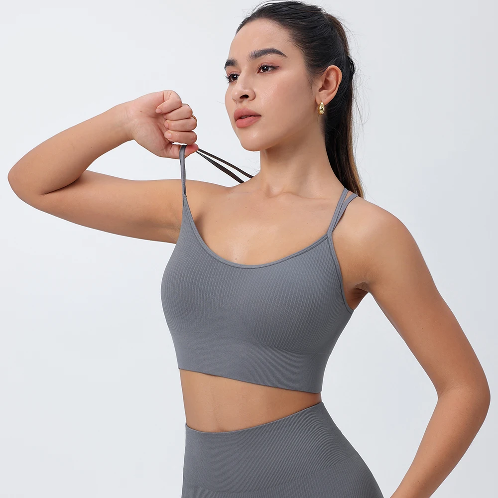 Strappy Tank Yoga Sports Vest With Chest Pad Ribbed High Elastic Women Sports Yoga Bras