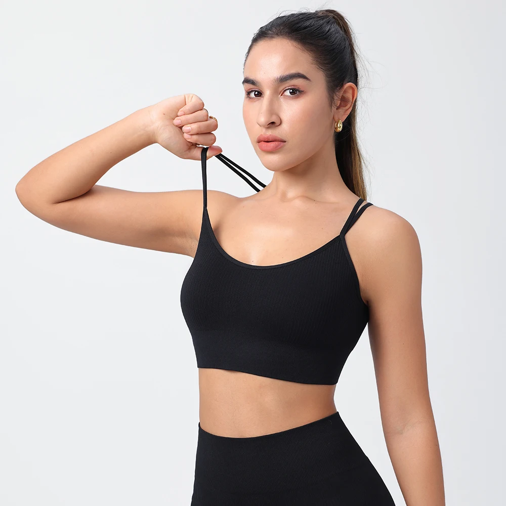 Strappy Tank Yoga Sports Vest With Chest Pad Ribbed High Elastic Women Sports Yoga Bras