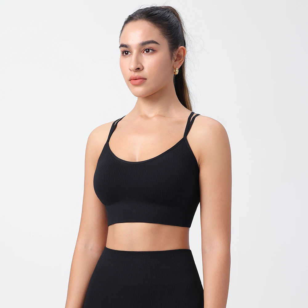 Strappy Tank Yoga Sports Vest With Chest Pad Ribbed High Elastic Women Sports Yoga Bras