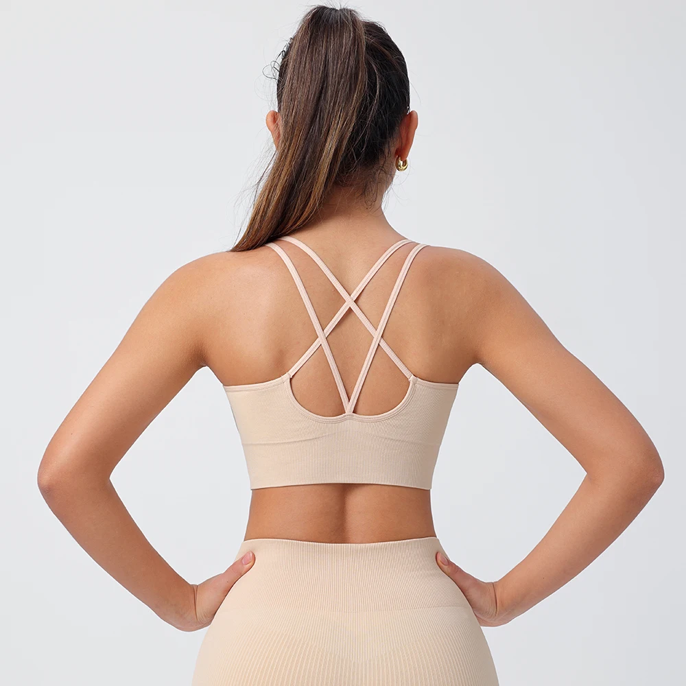 Strappy Tank Yoga Sports Vest With Chest Pad Ribbed High Elastic Women Sports Yoga Bras