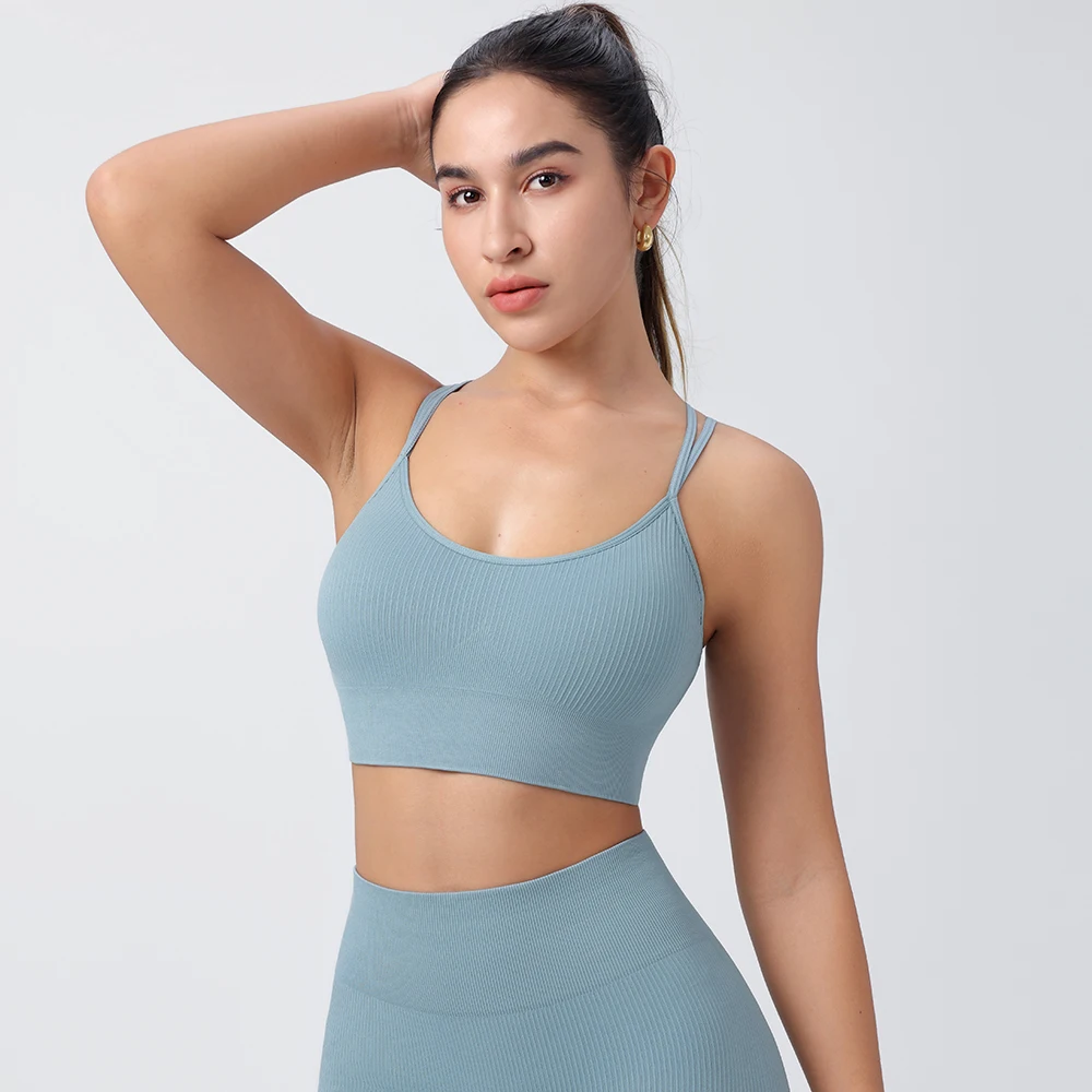 Strappy Tank Yoga Sports Vest With Chest Pad Ribbed High Elastic Women Sports Yoga Bras
