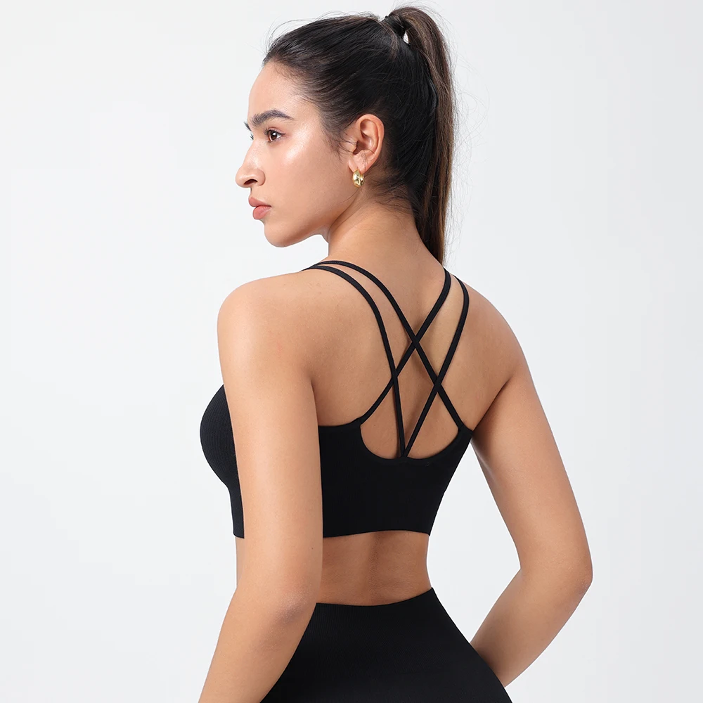 Strappy Tank Yoga Sports Vest With Chest Pad Ribbed High Elastic Women Sports Yoga Bras