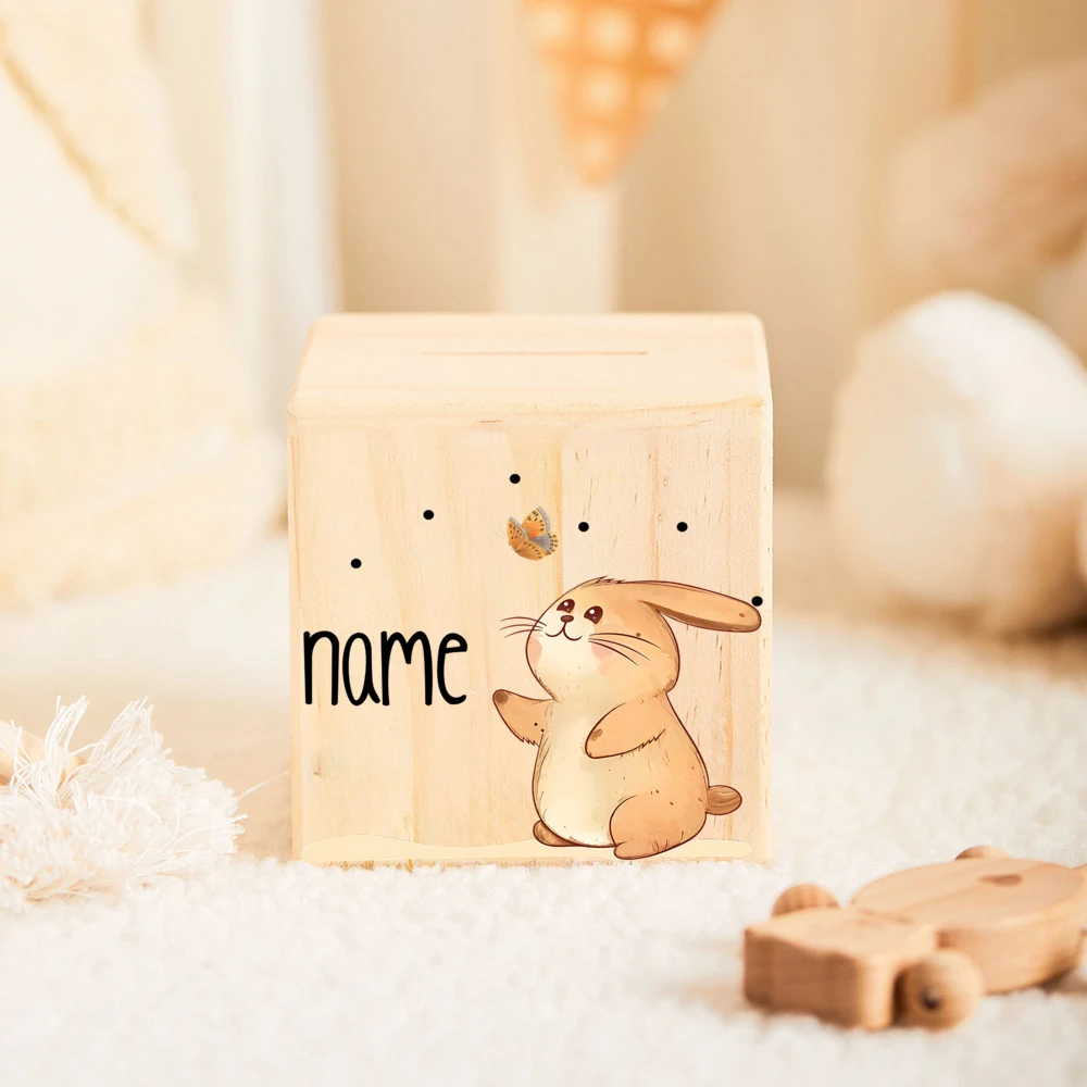 Custom Name Children's Piggy Bank Personalized Money Wooden Box Cute Animal Pattern Collection Box New Baby Gifts