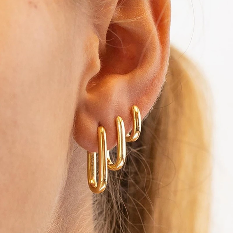 2PCS New Gold Color Square Hoop Earrings Women Men Stainless Steel Huggie Minimalist Punk Unisex Rock Earrings Piercing Jewelry