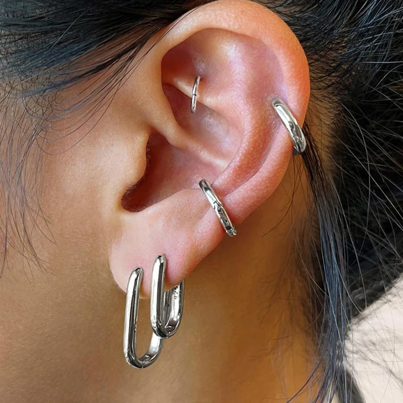 2PCS New Gold Color Square Hoop Earrings Women Men Stainless Steel Huggie Minimalist Punk Unisex Rock Earrings Piercing Jewelry