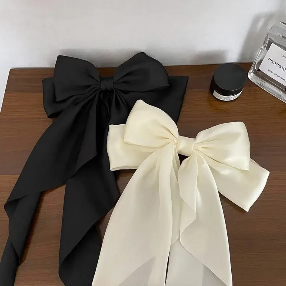 Elegant Large Bow Ribbon Hair Clip for Women Fashion Simple Solid Satin Spring Clip Ponytail Bow Hairpin Girls Hair Accessories