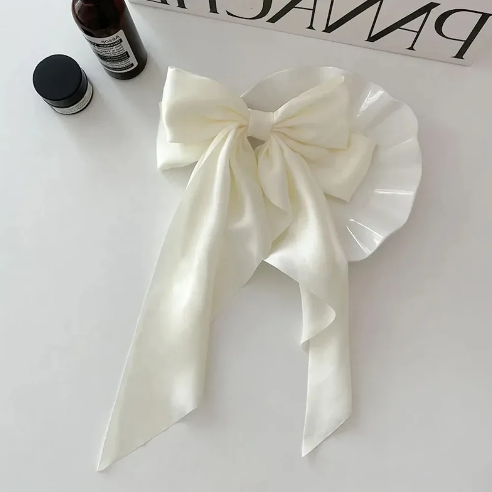 Elegant Large Bow Ribbon Hair Clip for Women Fashion Simple Solid Satin Spring Clip Ponytail Bow Hairpin Girls Hair Accessories