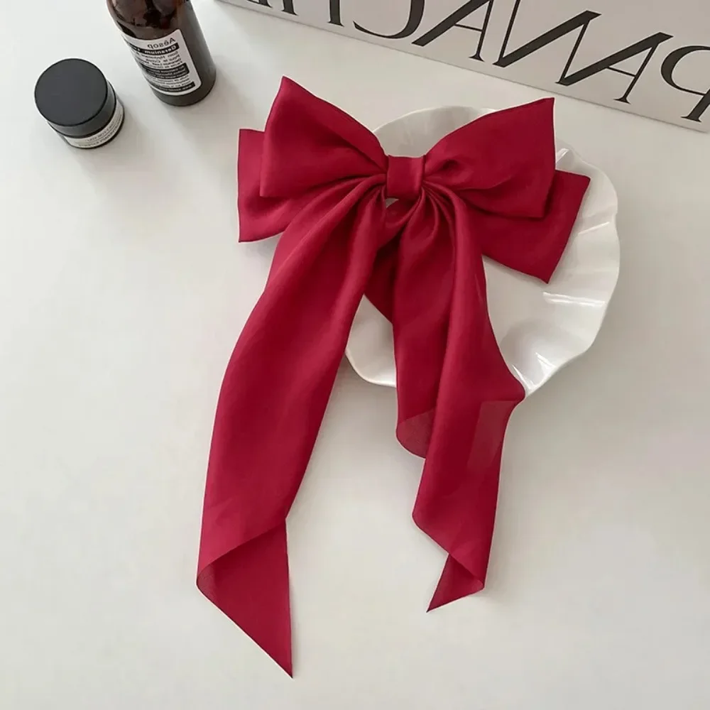 Elegant Large Bow Ribbon Hair Clip for Women Fashion Simple Solid Satin Spring Clip Ponytail Bow Hairpin Girls Hair Accessories
