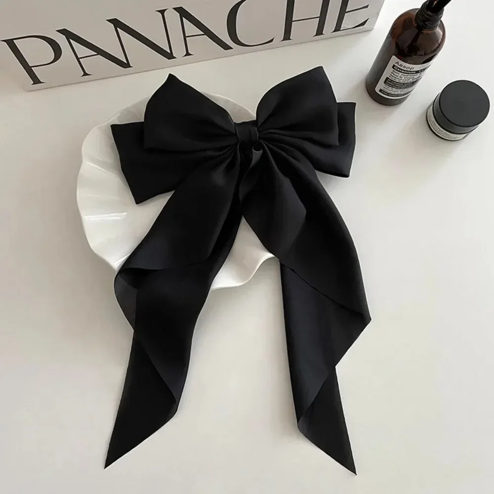 Elegant Large Bow Ribbon Hair Clip for Women Fashion Simple Solid Satin Spring Clip Ponytail Bow Hairpin Girls Hair Accessories