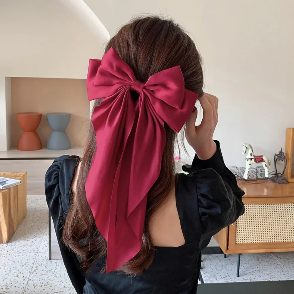 Elegant Large Bow Ribbon Hair Clip for Women Fashion Simple Solid Satin Spring Clip Ponytail Bow Hairpin Girls Hair Accessories