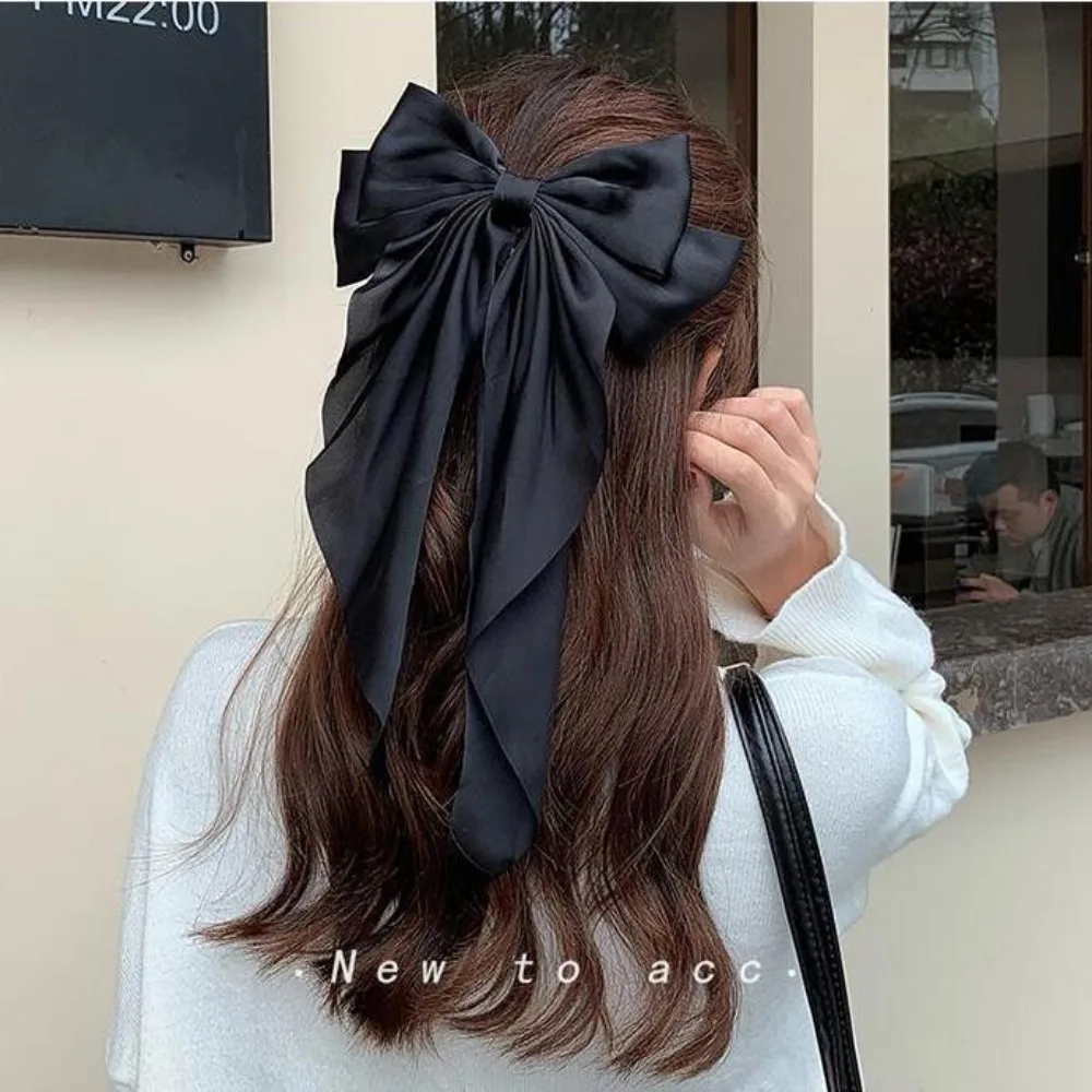 Elegant Large Bow Ribbon Hair Clip for Women Fashion Simple Solid Satin Spring Clip Ponytail Bow Hairpin Girls Hair Accessories