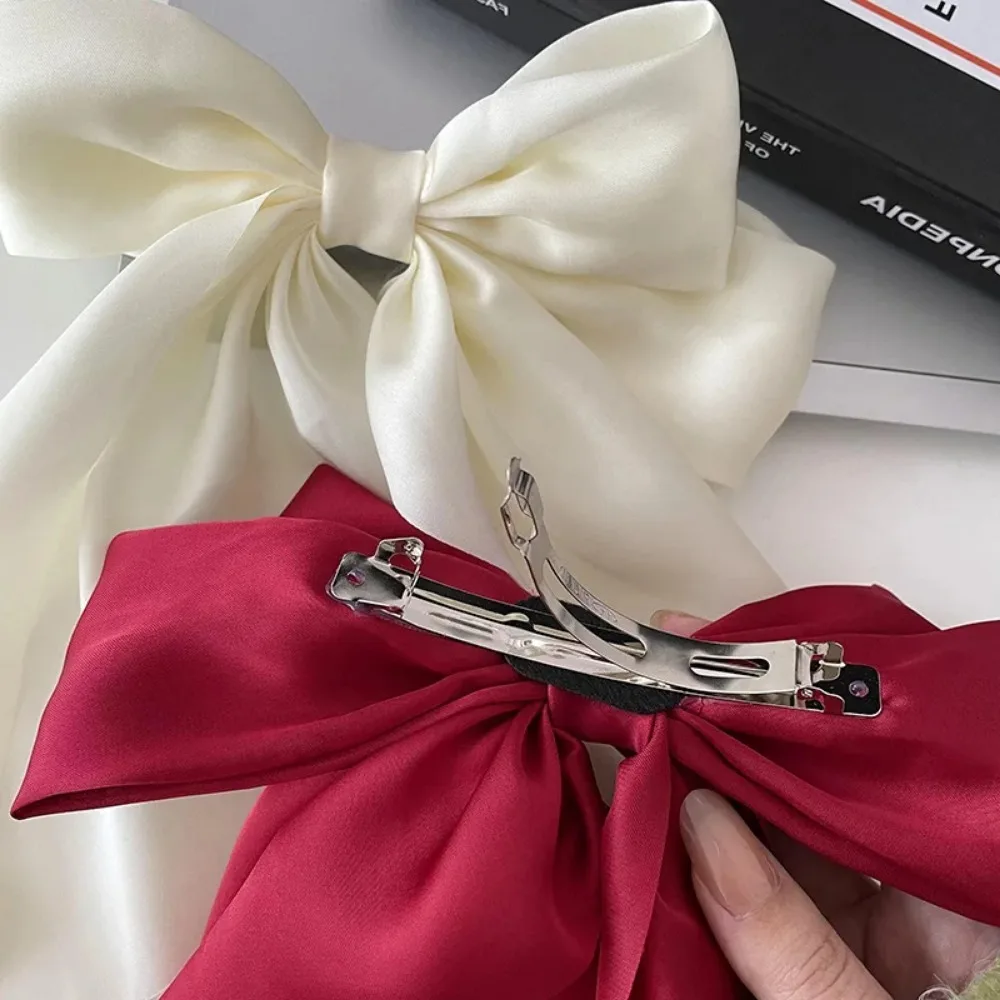 Elegant Large Bow Ribbon Hair Clip for Women Fashion Simple Solid Satin Spring Clip Ponytail Bow Hairpin Girls Hair Accessories