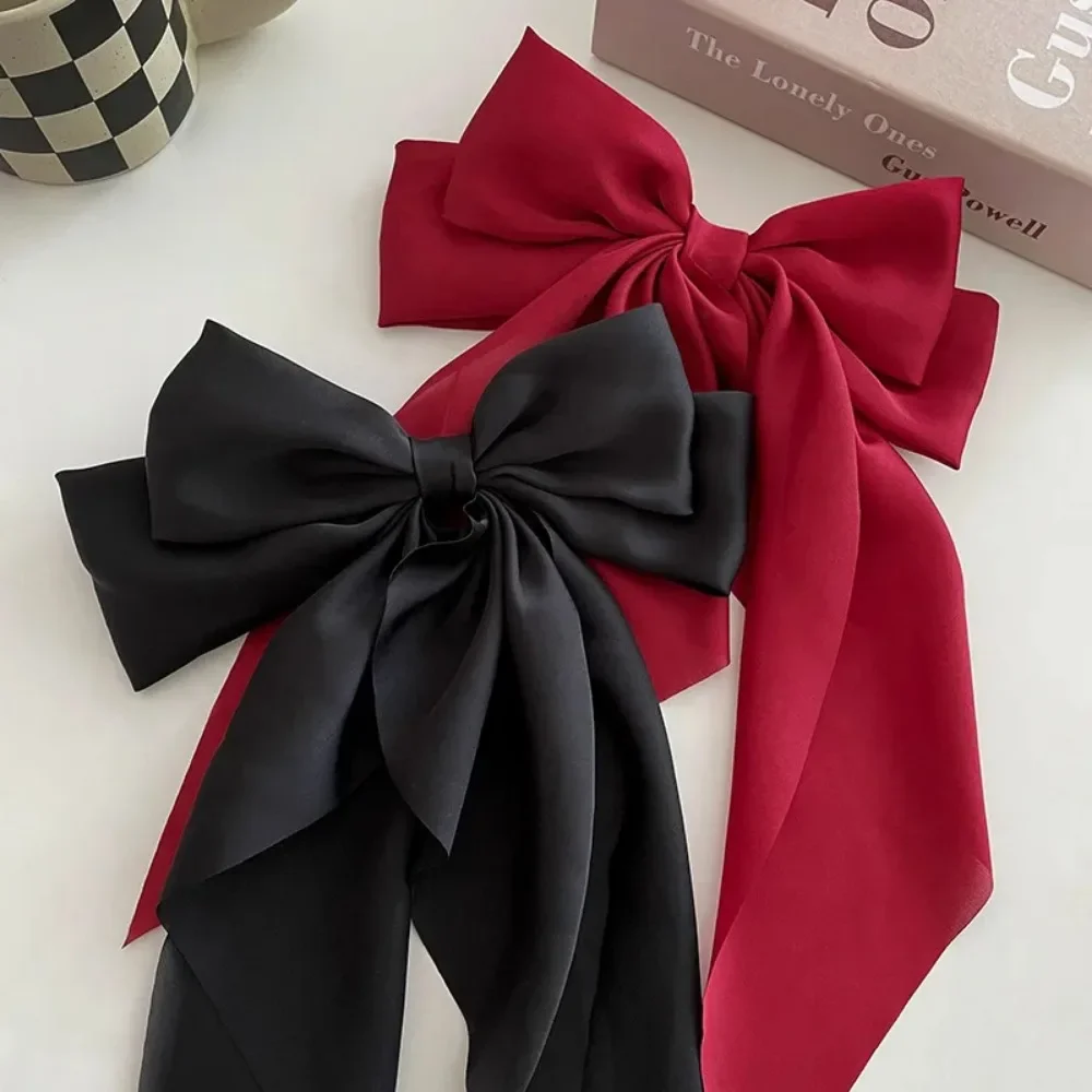 Elegant Large Bow Ribbon Hair Clip for Women Fashion Simple Solid Satin Spring Clip Ponytail Bow Hairpin Girls Hair Accessories