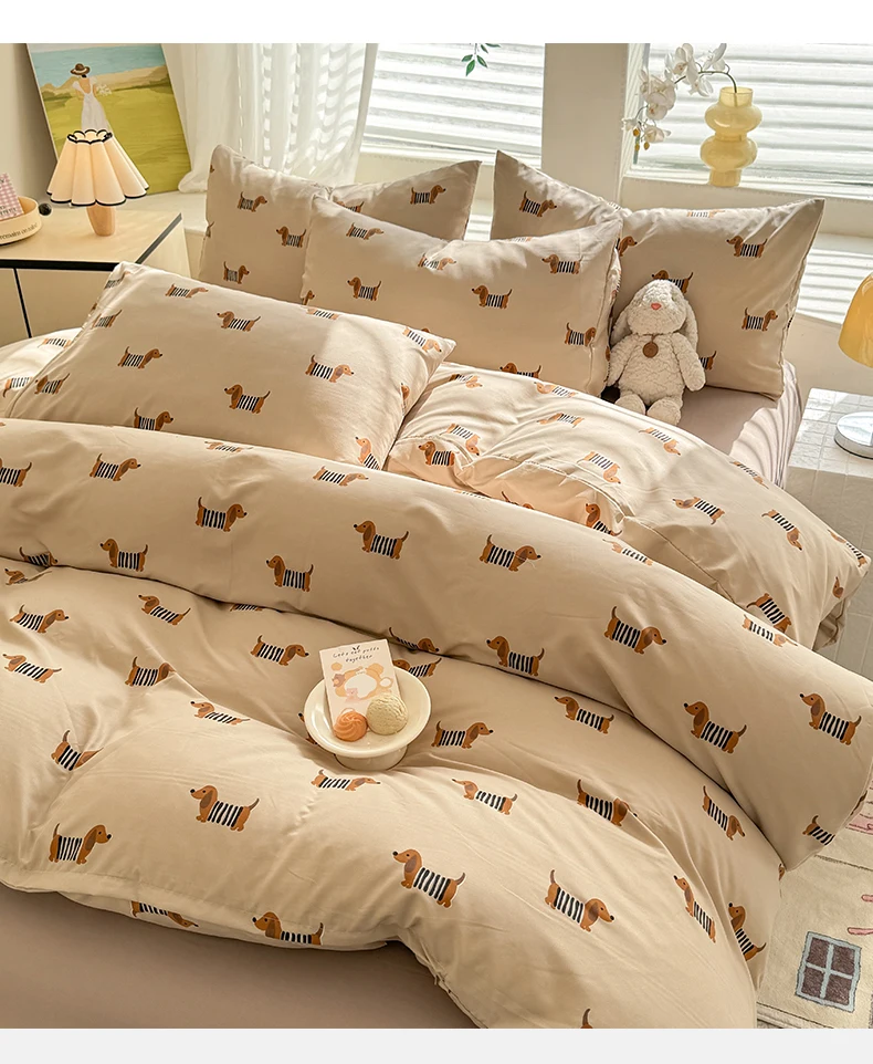 Cute Dog Printed Duvet Cover Set Brown Color Comforter Cover with Pillowcase for Kids Single/Queen/King Housse De Couette Full
