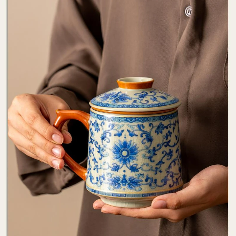 430ml Blue and White Ge Kiln Entwined Lotus Office Cup Ceramic with Lid Tea Water Separation Cup Household Chinese Tea Cup