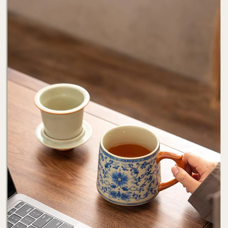 430ml Blue and White Ge Kiln Entwined Lotus Office Cup Ceramic with Lid Tea Water Separation Cup Household Chinese Tea Cup
