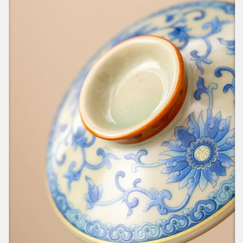 430ml Blue and White Ge Kiln Entwined Lotus Office Cup Ceramic with Lid Tea Water Separation Cup Household Chinese Tea Cup