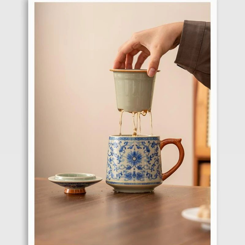 430ml Blue and White Ge Kiln Entwined Lotus Office Cup Ceramic with Lid Tea Water Separation Cup Household Chinese Tea Cup